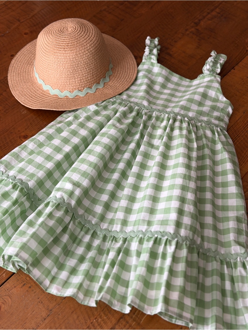 Green and White Gingham girls Dress with matching hat
